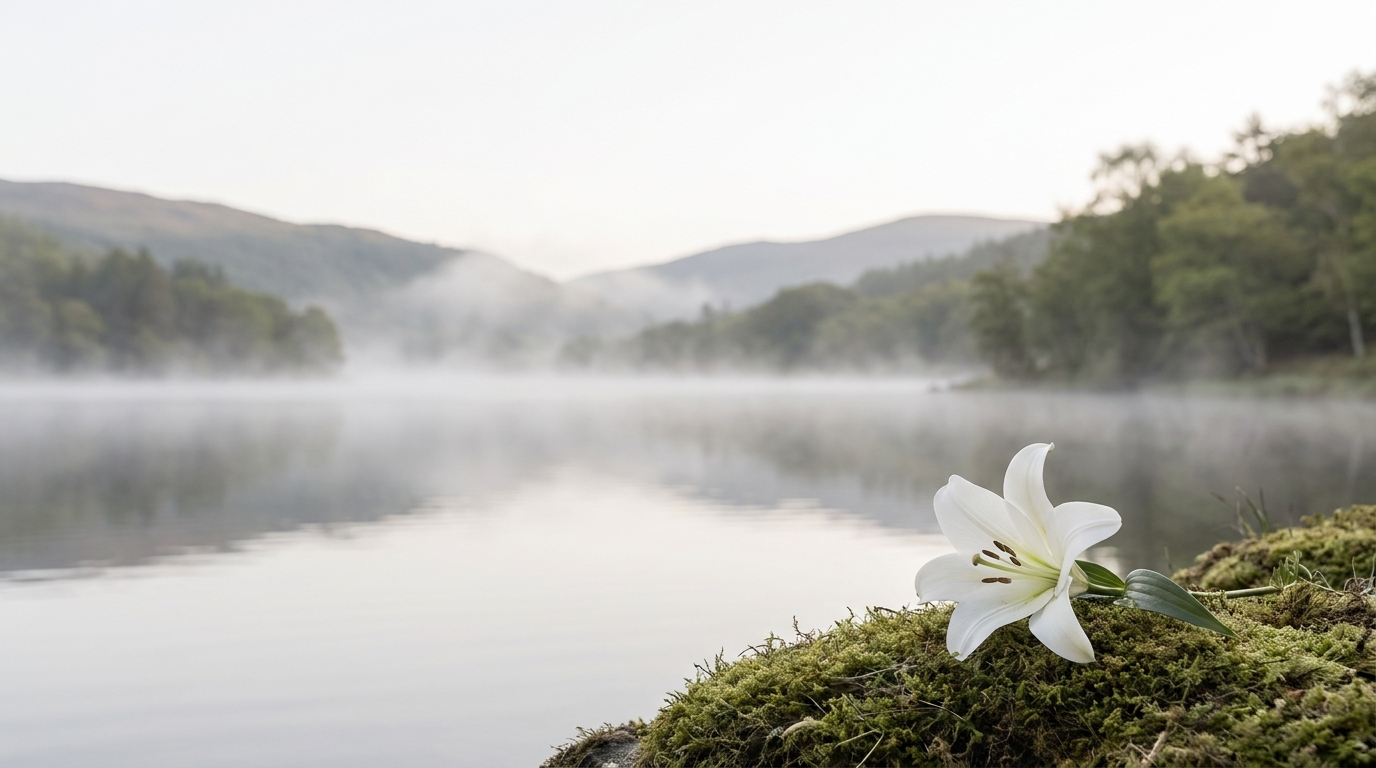 Serene landscape with white lily